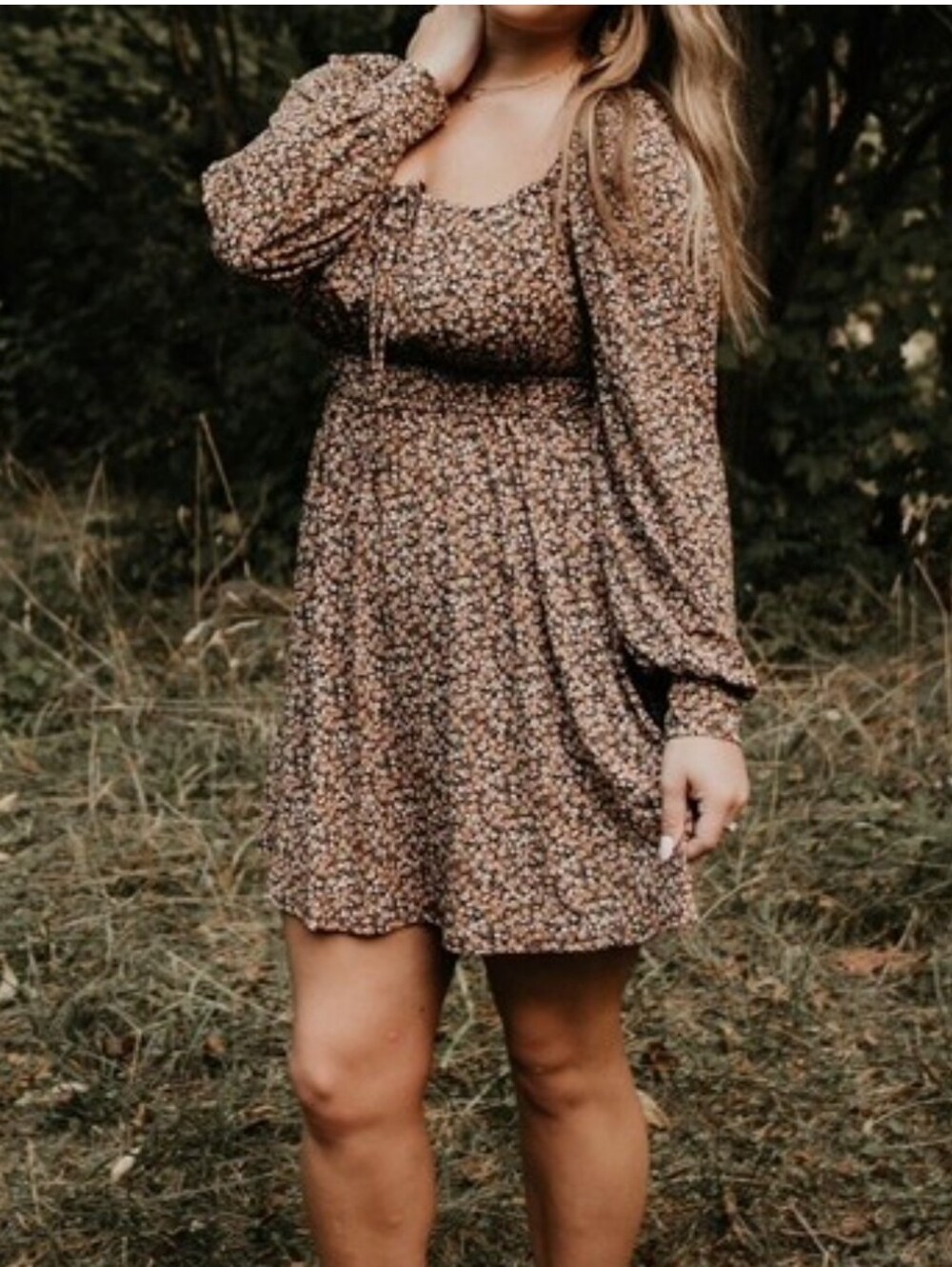 Lush Brown Floral Long Sleeve Mini Dress